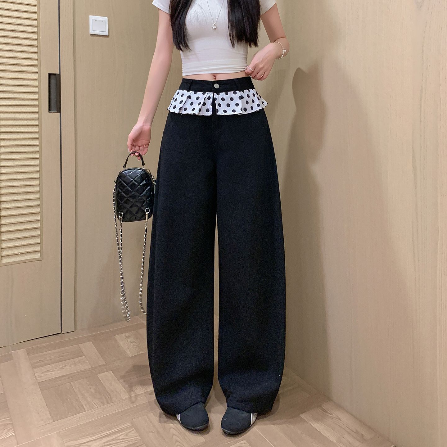 黑色波点拼接芭蕾风阔腿牛仔裤女