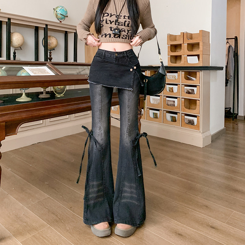 辣妹黑色做旧屁帘假两件牛仔裤女秋冬新款高腰气质显瘦微喇拖地裤