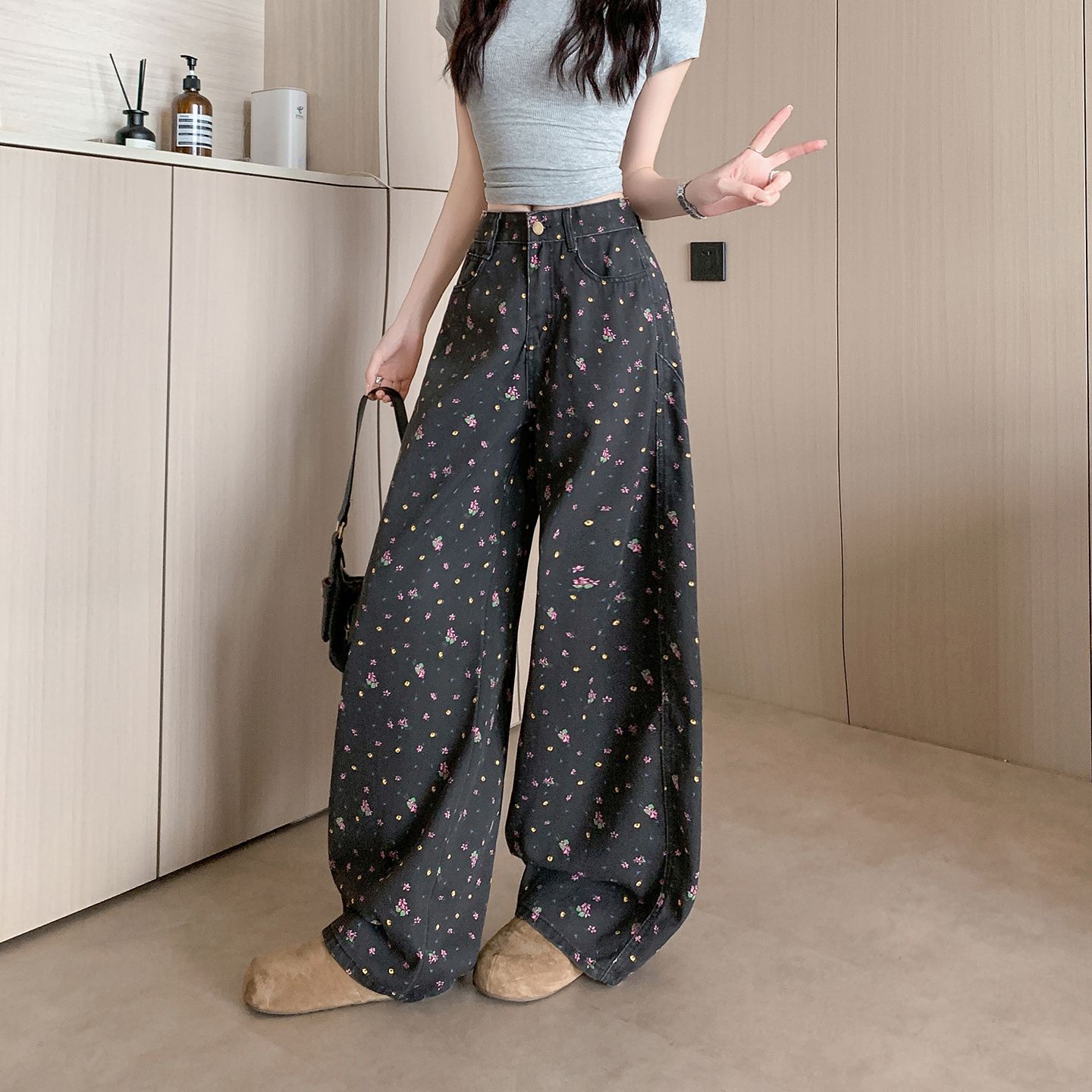 春夏甜酷小碎花高腰牛仔阔腿裤