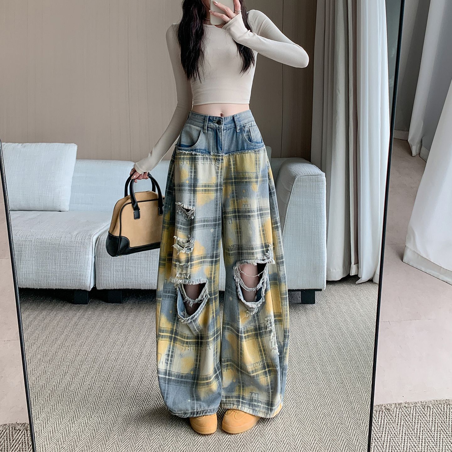 秋新款女黄格纹破洞阔腿牛仔裤