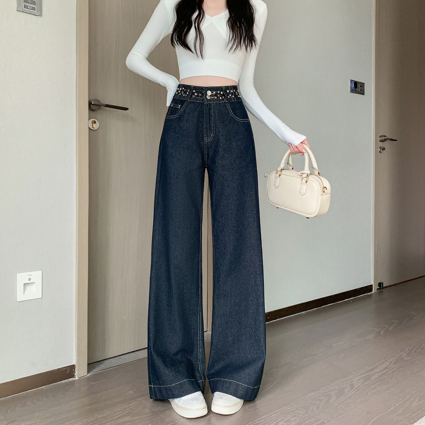 重工铆钉彩钻低腰显瘦牛仔阔腿裤