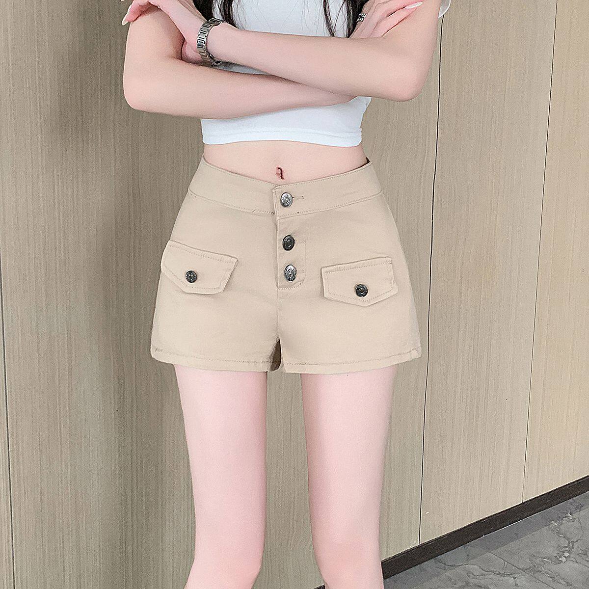 夏季老钱风卡其高腰紧身牛仔裤
