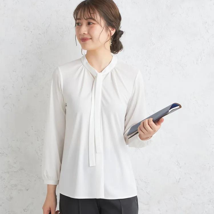日单日系职业女装微弹力领口绑带内搭衬衫9分袖通勤淑女垂感抗皱