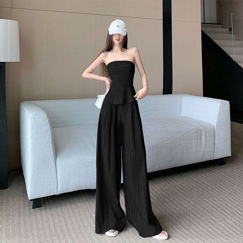 新品夏季时尚减龄一o整套穿搭收腰显瘦气质抹胸上衣高腰阔腿裤两