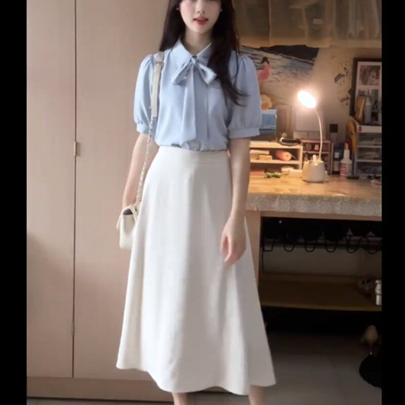 新品蓝白衬衫职业两件套女夏季教资面试J穿搭正装大学生答辩连衣