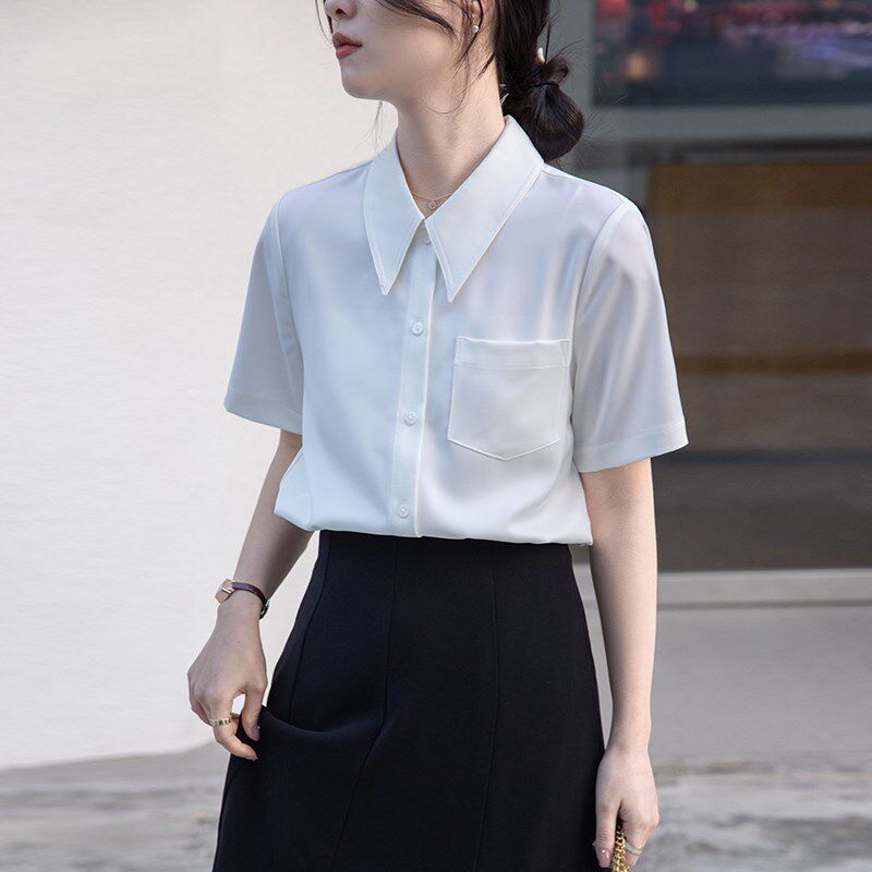 新品白色雪纺短袖衬衫女大学生答C辩教资穿搭职业正装小个子面试