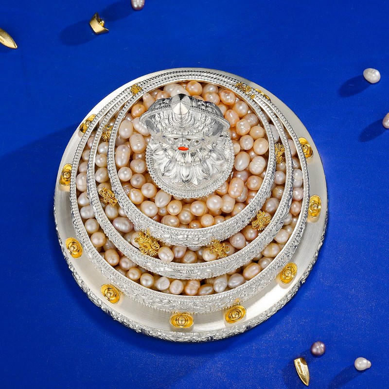 极速曼扎盘S990纯银手工供修曼茶罗八吉祥银蔓扎曼茶.盘13cm