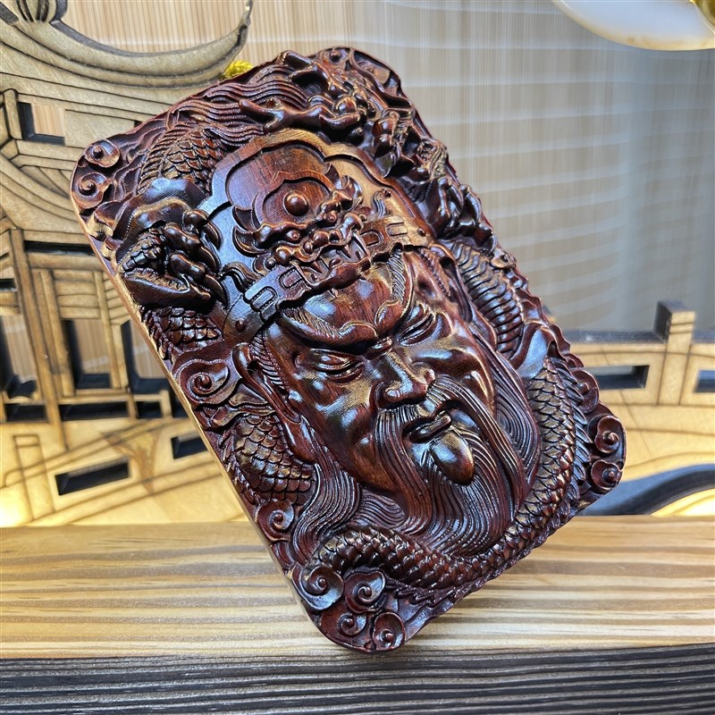 极速紫檀木雕刻忠义关公义薄云天盘玩手G把件车挂吊坠大尺寸9*6*2