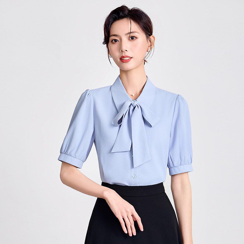 新品雪纺蝴蝶结衬衫女夏款白色衬衫职业穿搭正装R大学生教资面试