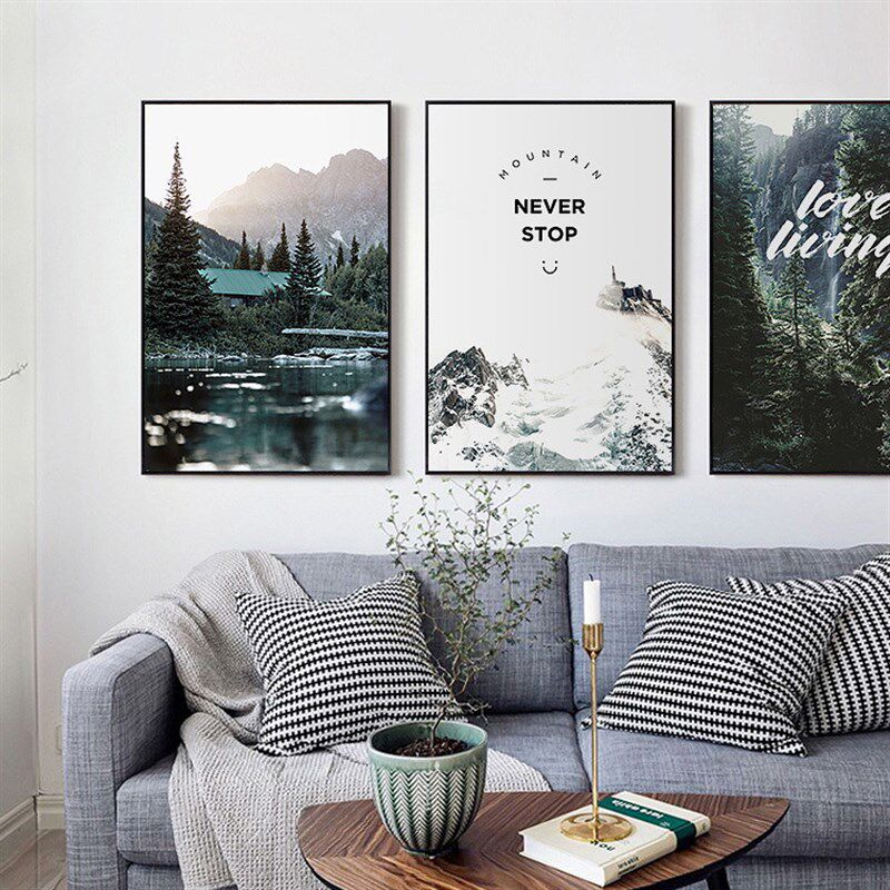 新品现代简约ins客厅沙发背景墙装饰画北欧风景T挂画雪山英文餐厅