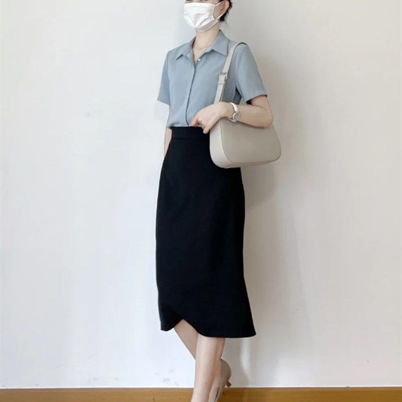 新品蓝色短袖衬衫女夏新款职业公务员面试K穿搭正装衬衣教资包臀