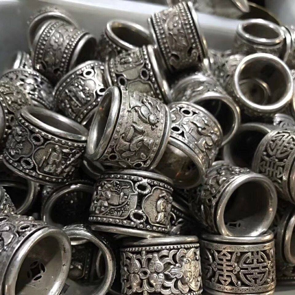 极速仿古白铜扳指苗银藏银指环浮雕人物套环O双层可转动戒指男图