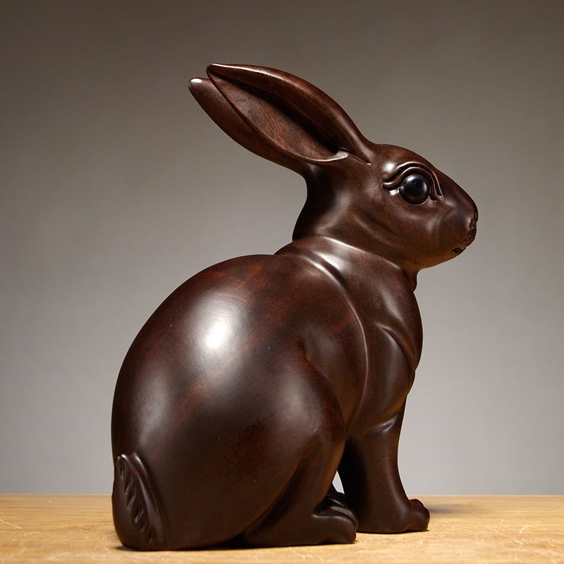 极速黑檀木雕兔子摆件实木质动物十二生肖兔家Q居客厅装饰品红木
