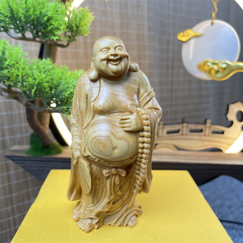 极速崖柏木雕摆件实木雕刻工艺品佛像拿扇弥勒佛尺寸12X*6*4.5