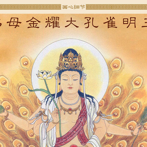 极速佛母金耀大孔雀明王菩萨佛像画D 中式复古佛堂装饰画卷轴挂画