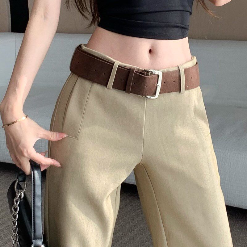 新品卡其a色美式微喇西装裤女春季设计感低腰阔腿裤垂感百搭休闲