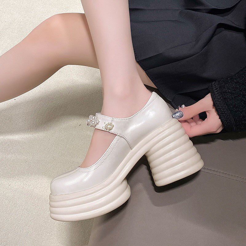新品白色玛丽珍婚鞋新款法式小皮鞋粗跟婚纱神器松糕厚Z底珍珠高