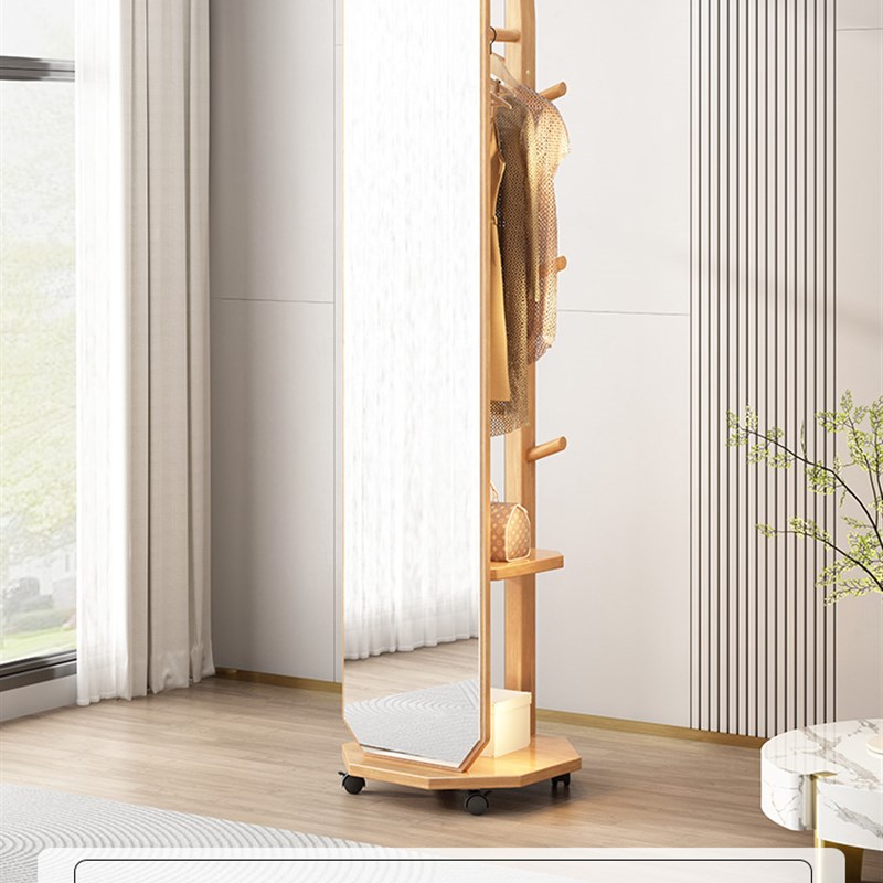 极速实木全身镜落地镜家用卧室可旋转移动全身镜子带W挂衣架一体