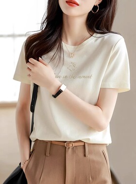 白色圆领短袖t恤女2025初夏穿搭欧洲站宽松休闲时尚洋气正肩上衣