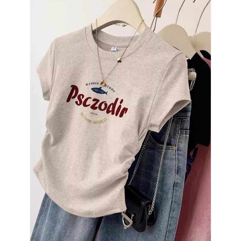 印2025夏季新美式正肩修身上衣女IYS花褶皱收显腰瘦款花灰色短袖t