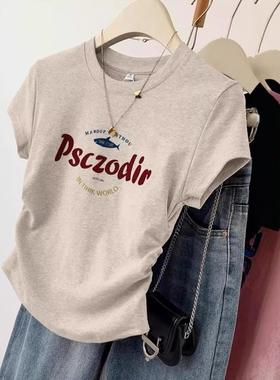 印2025夏季新美式正肩修身上衣女IYS花褶皱收显腰瘦款花灰色短袖t