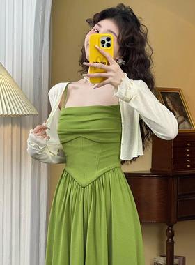 2024新款茶歇法式高级感雪纺长裙绿色吊带连衣裙两件套装开衫女夏
