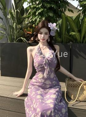 紫色碎脖花挂连衣8517裙女夏季法式荷叶边v领收腰子海裙边度风假
