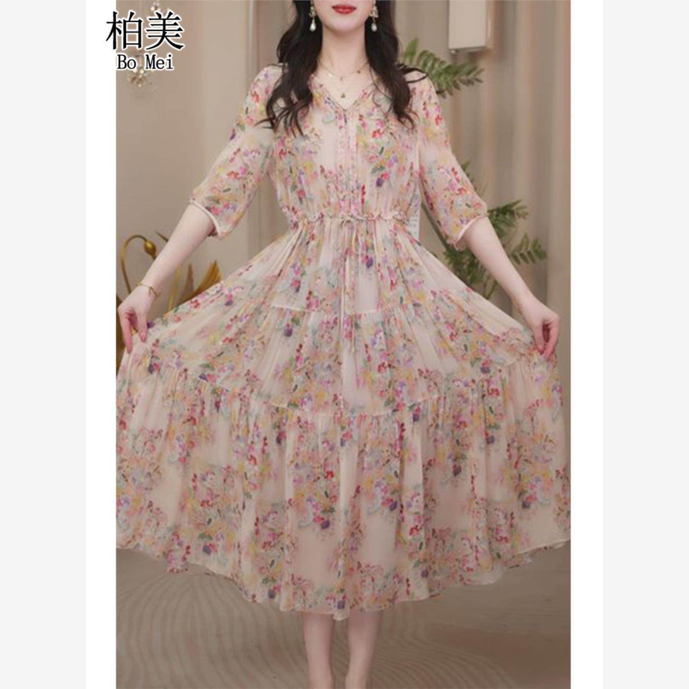 今年流行的漂亮裙子2024年夏季新款女装碎花重磅桑蚕丝真丝连衣裙