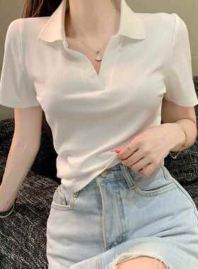 白色翻领短袖t恤女夏季薄款修身短款v领辣妹体恤衫正肩polo领上衣