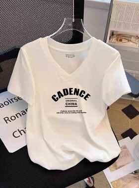 白色V领正肩短袖T恤女2025夏季新款大码胖MM宽松时尚洋气体恤上衣