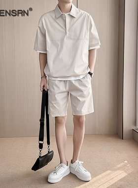 潮牌冰丝休闲套装男士短袖polo衫2025新款夏季搭配短裤两件套男款