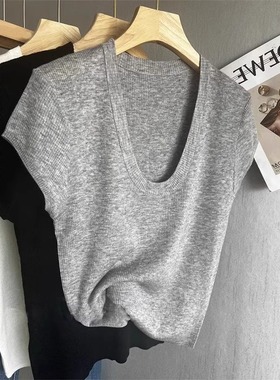 浅灰色薄款U领针织短袖上衣2025夏季新款爆款高级感修身短款T恤女