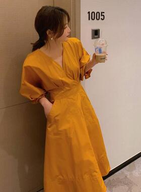 实拍姜黄色连FY 262-S衣女夏梗新款法桔复古V领显瘦长裙小个子初