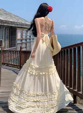 泰国纯欲度假风性感挂脖吊带连衣裙女木耳边露背绑带海边拍照长裙