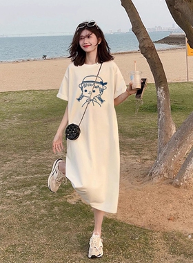 纯棉短袖T恤连衣裙女夏季宽松显瘦休闲大码胖MM小个子中长款长裙