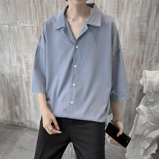 高货衬衫男士七分袖夏装新款韩版宽松帅气潮流短袖衬衣服潮牌外套