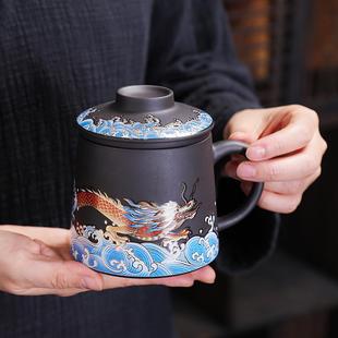 紫砂杯大容量办公茶杯烤花带过滤内胆家用泡茶杯水杯带盖杯子定制