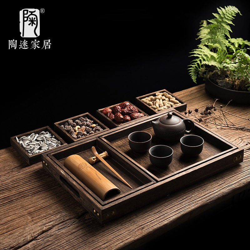 陶迷日式实木烧桐木茶盘家用简约干泡盘水果零食点心盘大号茶托盘