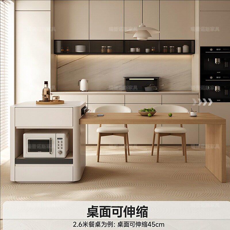 新款岛台餐桌一体可伸缩原木风家用小户型微波炉烤箱吧台倒台餐台