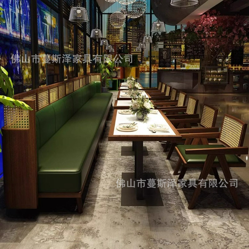 泰式风格卡座沙发藤编餐椅餐椅连锁店茶餐厅店咖啡厅靠墙桌椅组合