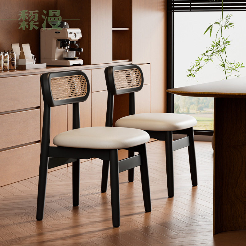 法式复古全实木餐桌椅靠背餐椅中古休闲家用酒店藤编椅子网红凳子