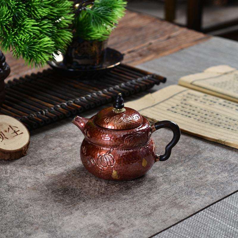 葫芦摘烤色小壶精致紫铜小泡壶纯铜泡茶壶小容量纯手工錾刻铜壶