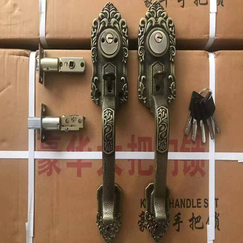 老式铝合金对开艺术门锁大门锁替换两舌拇指按压大把锁芯