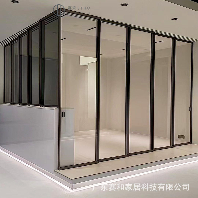 铝合金吊趟玻璃门开放式厨房L型转角推拉门厂书房茶水间隔断移门