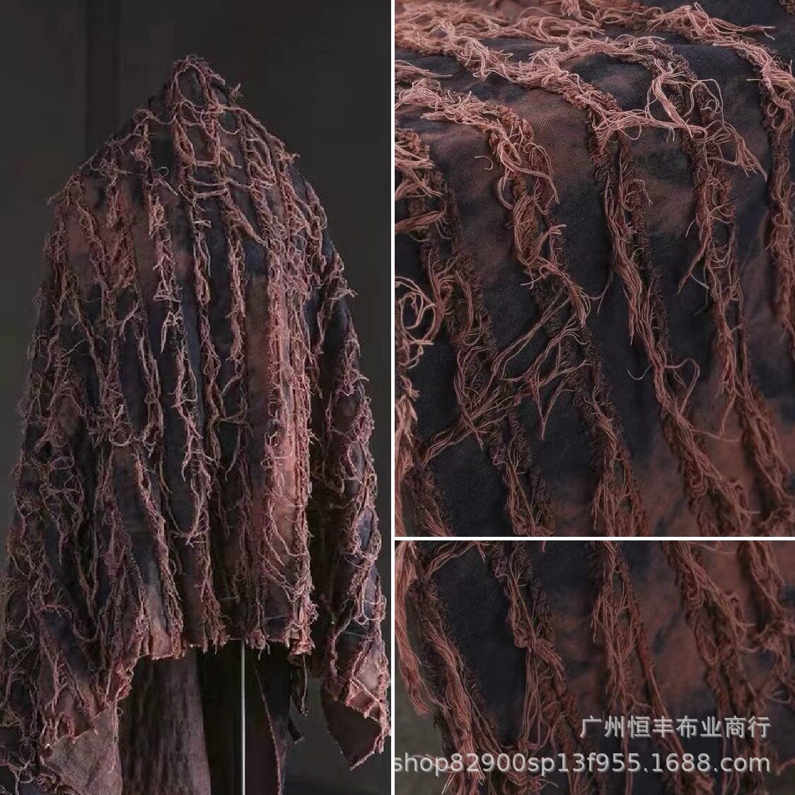 铁绣红扎染流苏牛仔布 再造条纹破烂丹宁牛仔创意服装设计师面料