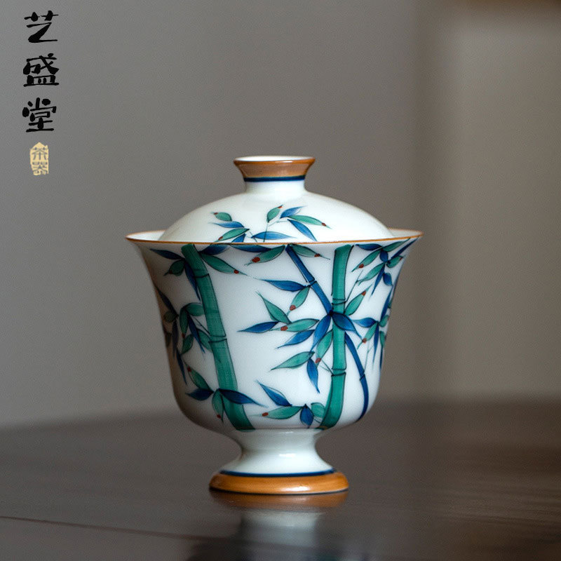 复古釉下彩手绘手工仿古翠竹高足盖碗茶碗单碗陶瓷家用带盖泡茶器