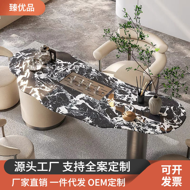 轻奢奢石茶桌椅组合办公室天然大理石茶台别墅大平层意式极简茶桌图片