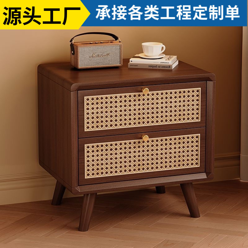 中古藤编床头柜卧室家用实木卧室收纳小型中式柜子轻奢高级感法式