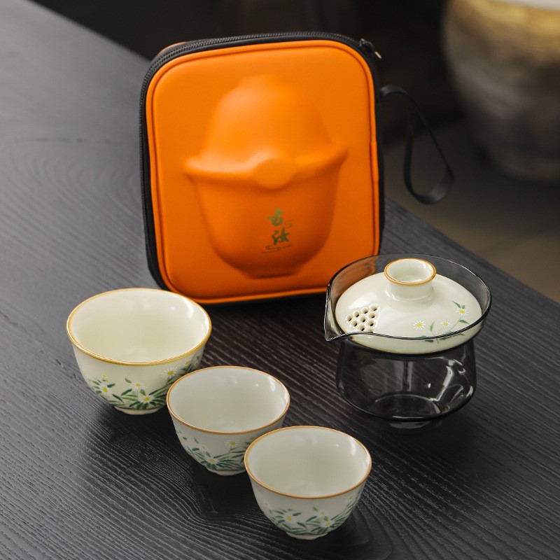 汝窑小雏菊旅行茶具陶瓷简约户外喝茶一壶三杯快客杯便捷式收纳包