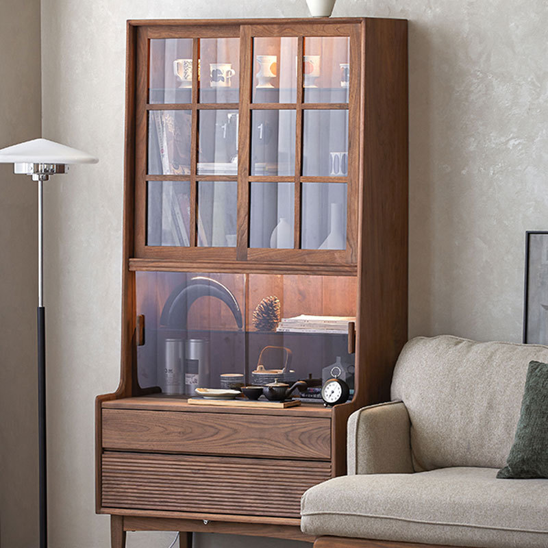北欧全实木黑胡桃木书柜玻璃门展示柜现代简约式日式原木储物书架